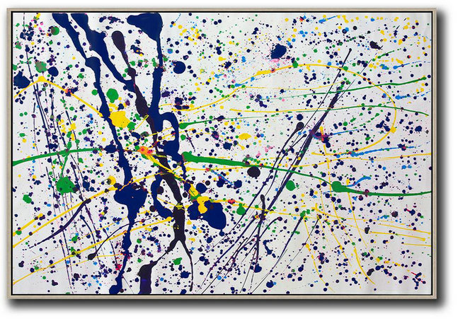 Extra Large 72" Acrylic Painting,Oversized Horizontal Contemporary Art,Large Wall Art Canvas,White,Dark Blue,Yellow,Green.etc